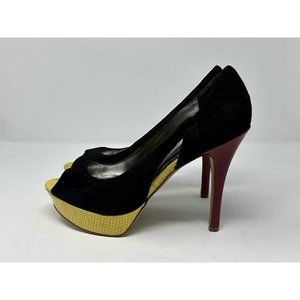 Marc Fisher Black and Yellow Peep Toe Heels with Red Stiletto